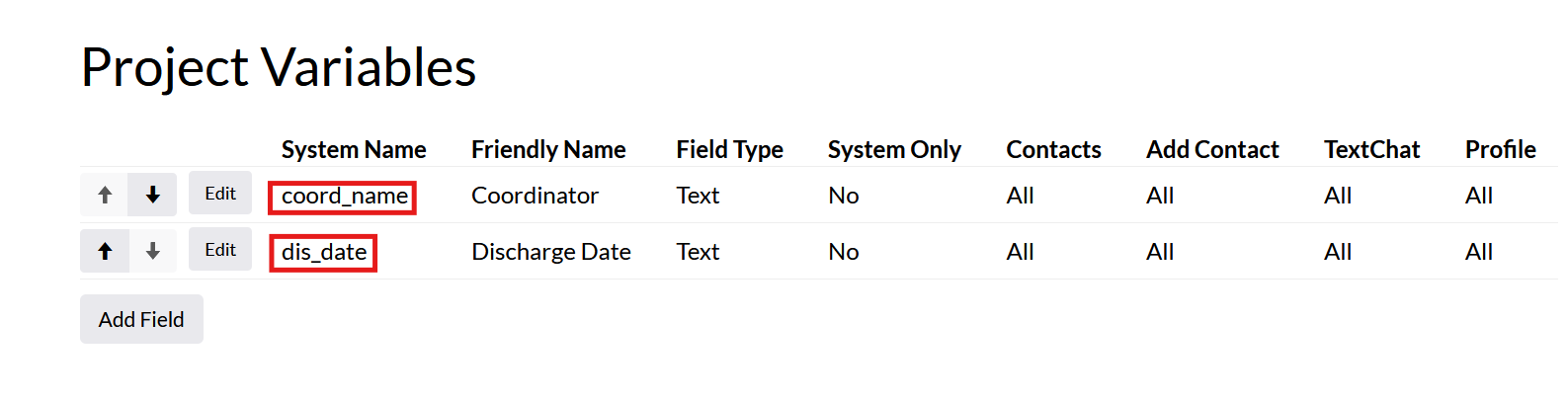 Screenshot of the Mosio project variables page, with variables name coord_name and dis_date highlighted
