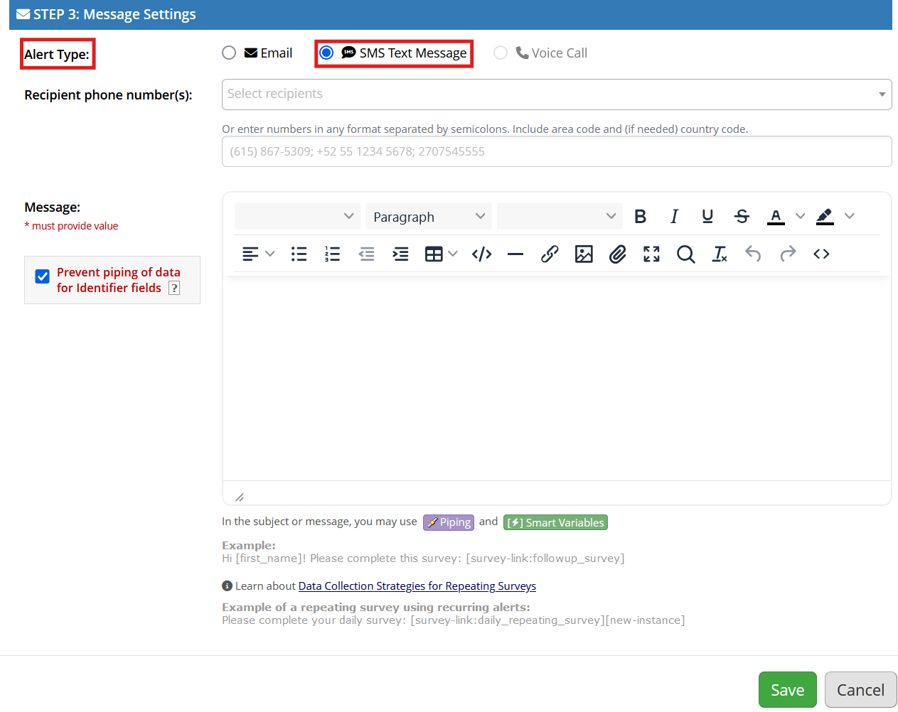 Screenshot of Step 3 of REDCap's alert designer, with the text Alert type and SMS Text Message highlighted