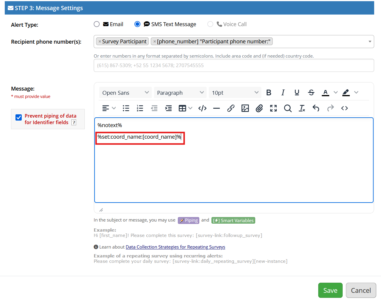 Screenshot of Step 3 of REDCap's alert designer, with the text %set:coord_name:[coord_name]% highlighted
