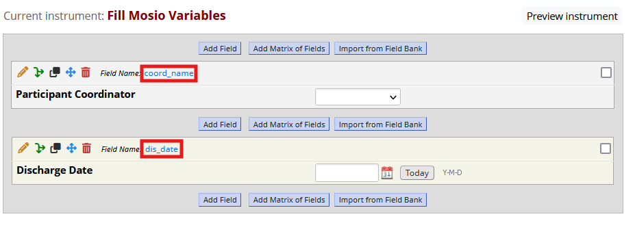 Screenshot of a REDCap project's designer, coord_name and dis_date variable names highlighted