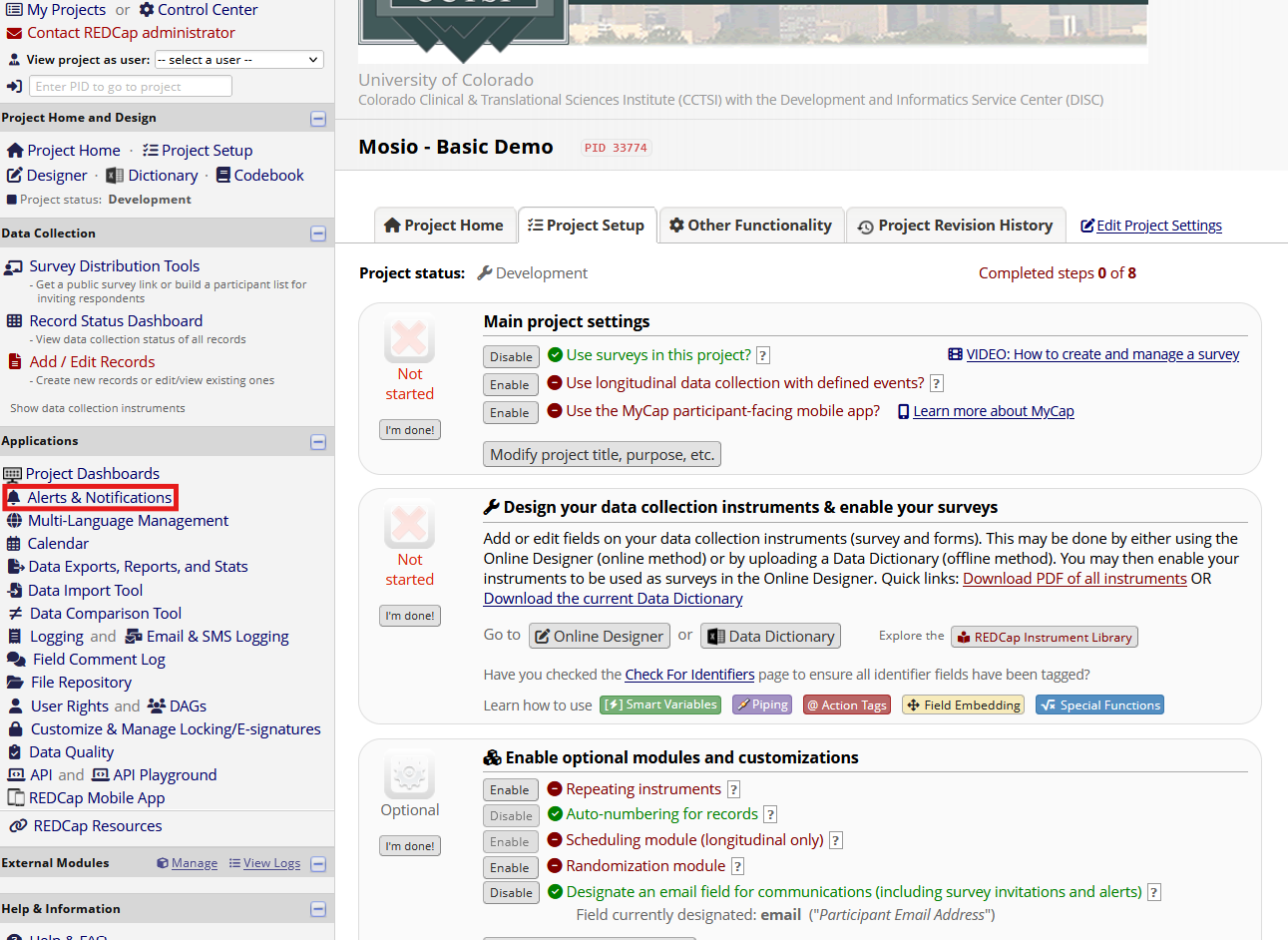 Screenshot of a REDCap project's Project Setup page, with the Alerts & Notifications link highlighted