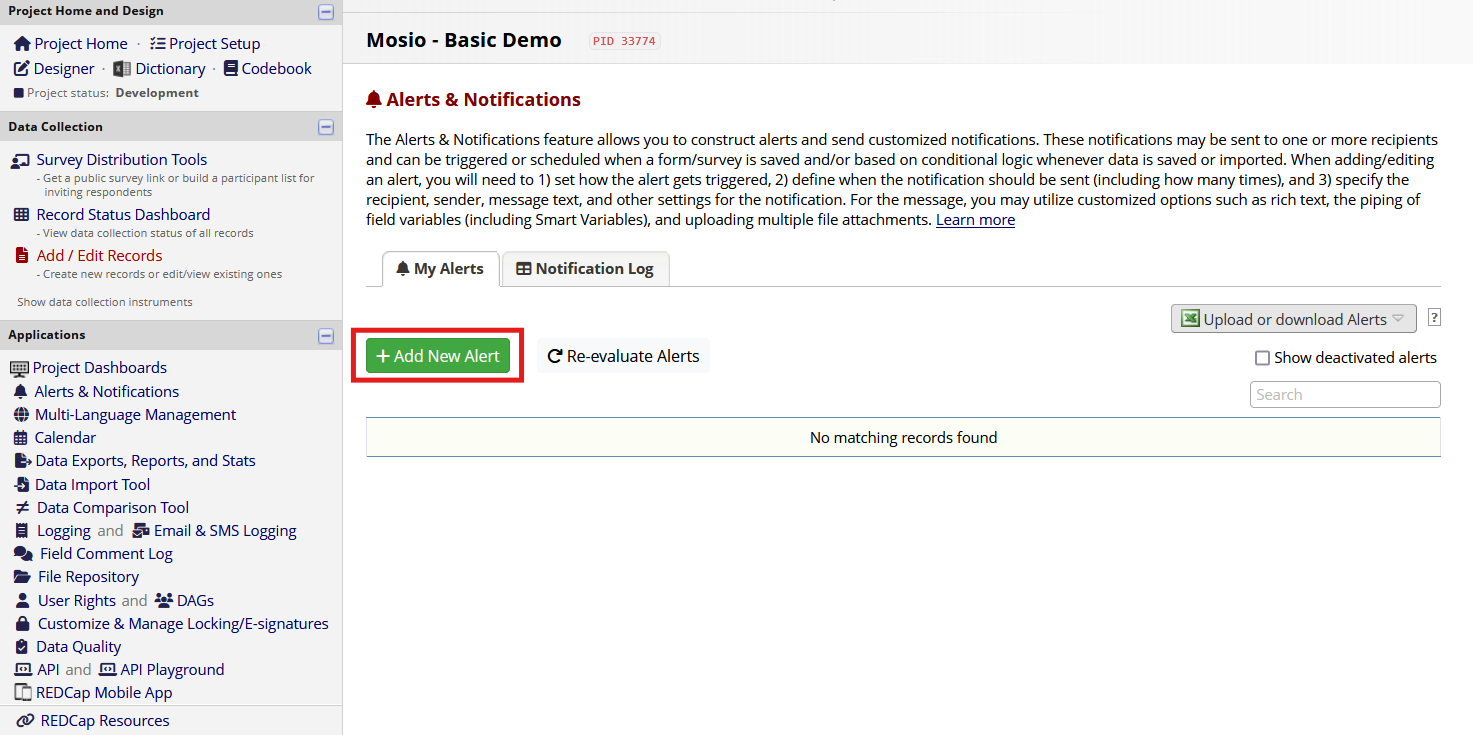Screenshot of a REDCap project's Alerts & Notifications page, with the Add New Alert button highlighted