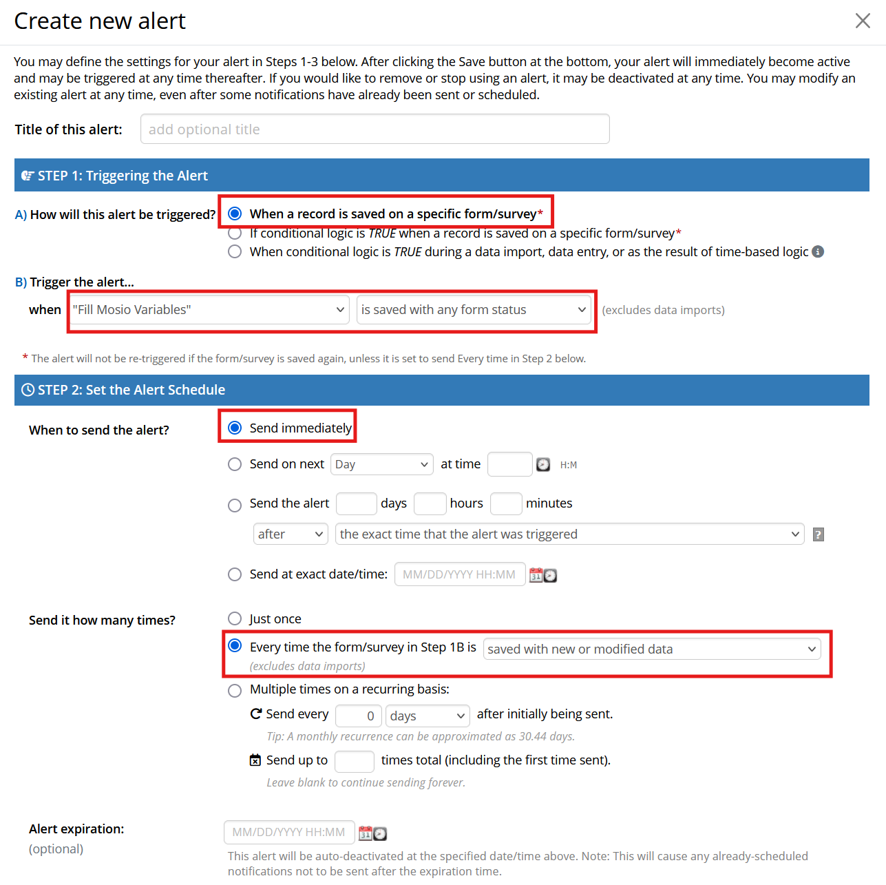 Screenshot of a REDCap alert designer, with the response option 'when a record is saved on aspecific form/survey' highlighted, along with dropdown values 