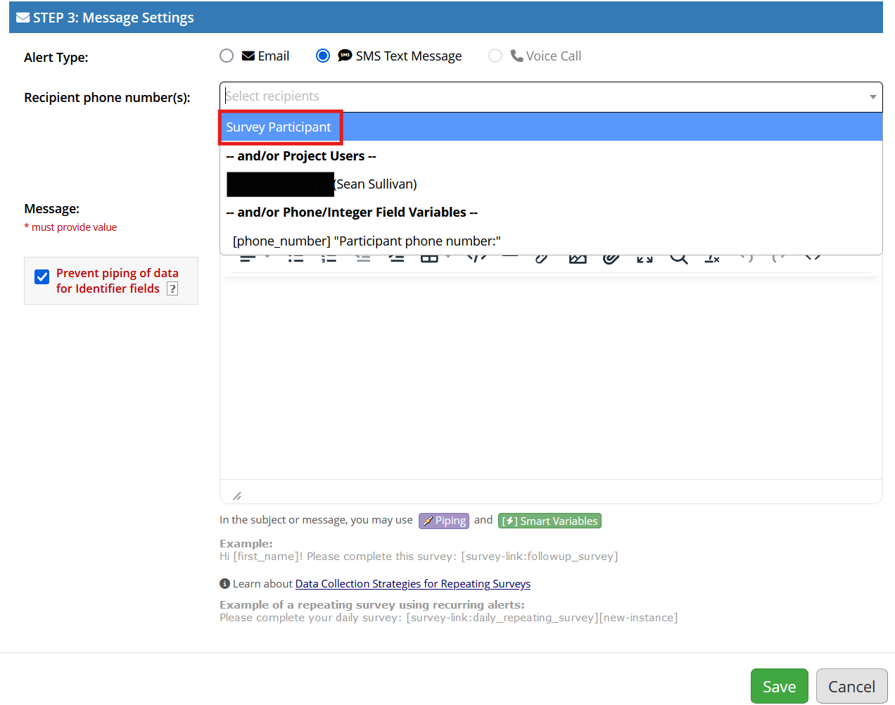 Screenshot of Step 3 of REDCap's alert designer, with Survey participant highlighted in the Recipient phone number(s) dropdown