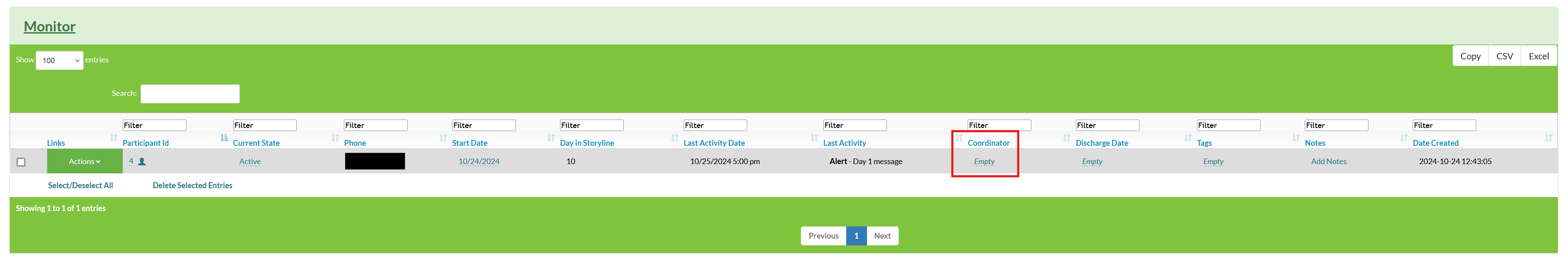 Screenshot of a Mosio storyline with the coordinator column highlighted and the value reading empty