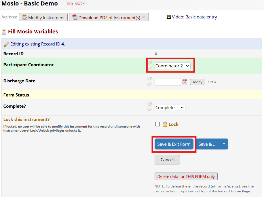 Screenshot of a REDCap dropdown menu with the value coordinator 2 selected and highlighted. The Save & Exit Form button is also highlighted