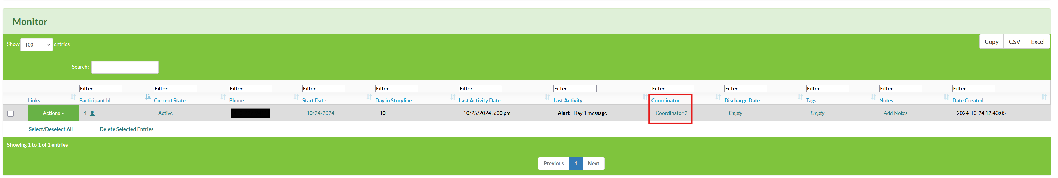 Screenshot of a Mosio storyline with the coordinator column highlighted and the value reading Coordinator 2