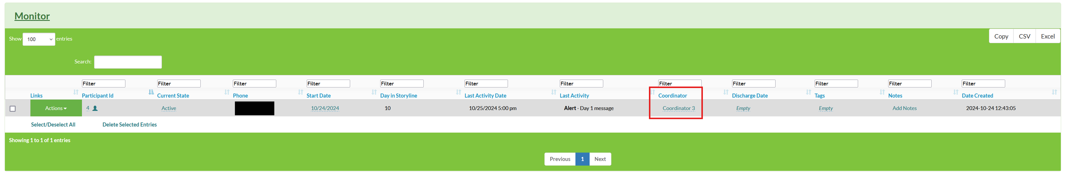 Screenshot of a Mosio storyline with the coordinator column highlighted and the value reading Coordinator 3