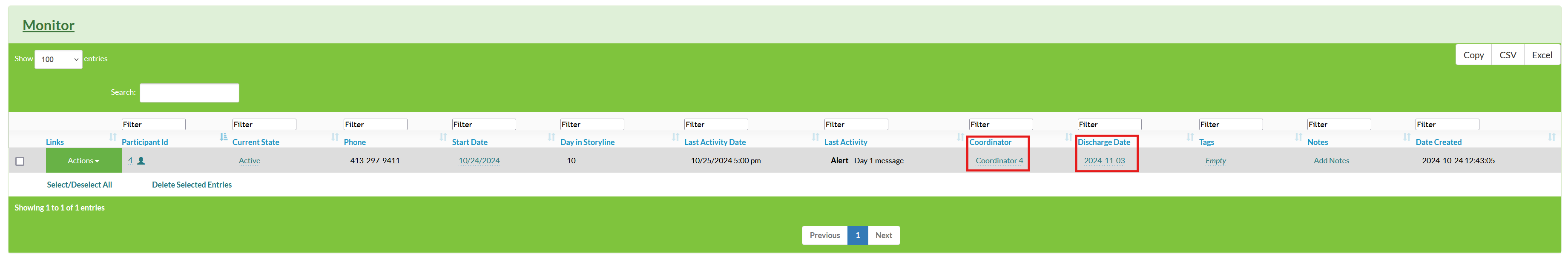 Screenshot of a Mosio storyline with the coordinator column highlighted and the value reading Coordinator 4. The discharge date column is also highlighted, and contains a value.