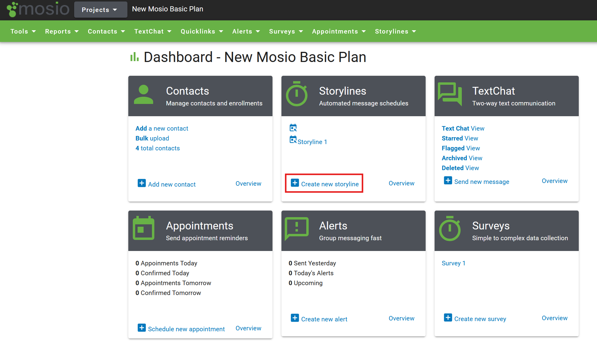 Screenshot of the Mosio project dashboard with the Create New storyline link highlighted