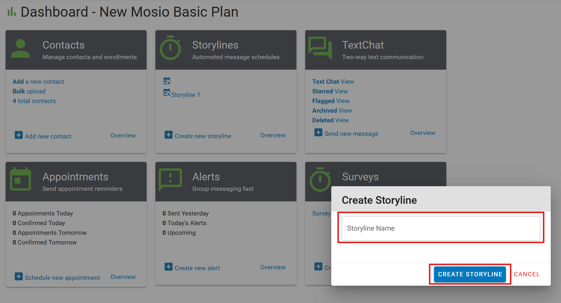 Screenshot of the Mosio project dashboard with the pop-up window generated for creating a storyline. The text box that appears and the create storyline button are highlighted.