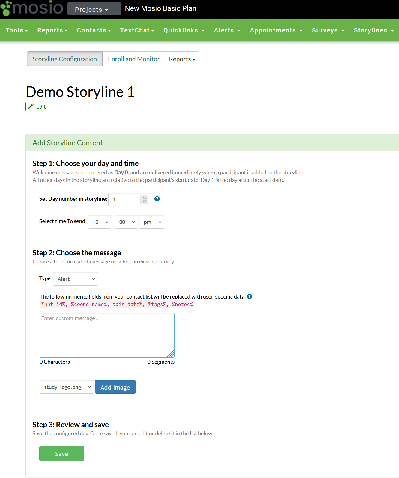 Screenshot of the storyline configuration page in Mosio