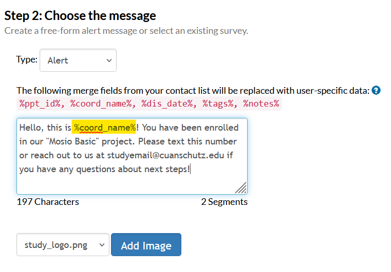 Screenshot of the storyline configuration page in Mosio, focused on step 2 with text entered in the provided alert textbox. The text %coord_name% is highlighted.