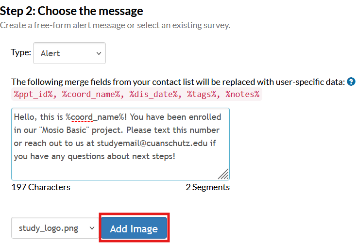 Screenshot of the storyline configuration page in Mosio, with the add image button highlighted