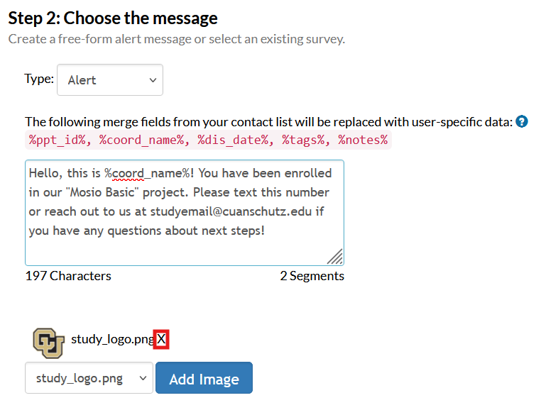 Screenshot of the storyline configuration page in Mosio, with a selected image appearing, and the removal button highlighted