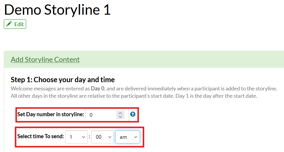 Screenshot of the storyline configuration page in Mosio with the Set Day number in storyline and Select time to send fields highlighted.