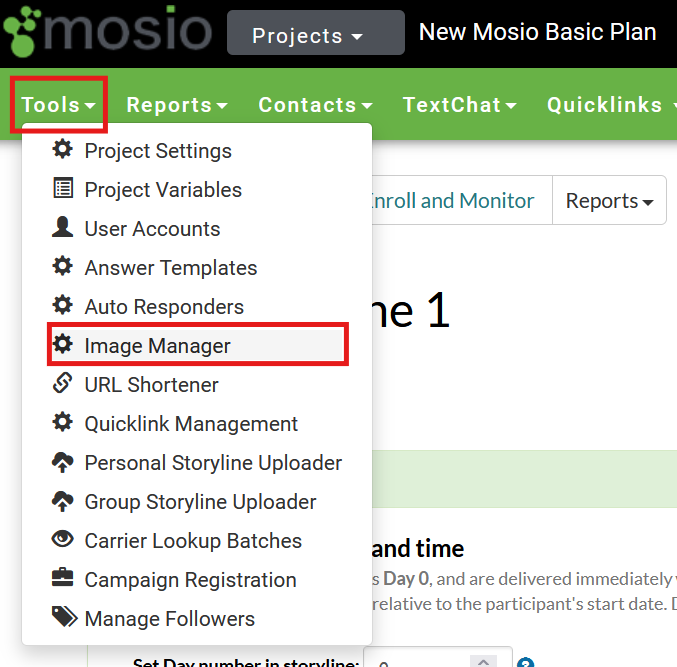 Screenshot of the storyline configuration page in Mosio with the tools dropdown highlighted and expanded, and the dropdown option Image Manager also highlighted