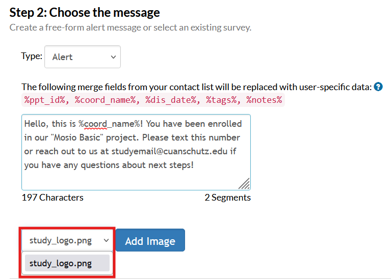 Screenshot of the storyline configuration page in Mosio, with the add image dropdown expanded