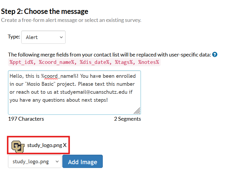 Screenshot of the storyline configuration page in Mosio, with a selected image highlighted
