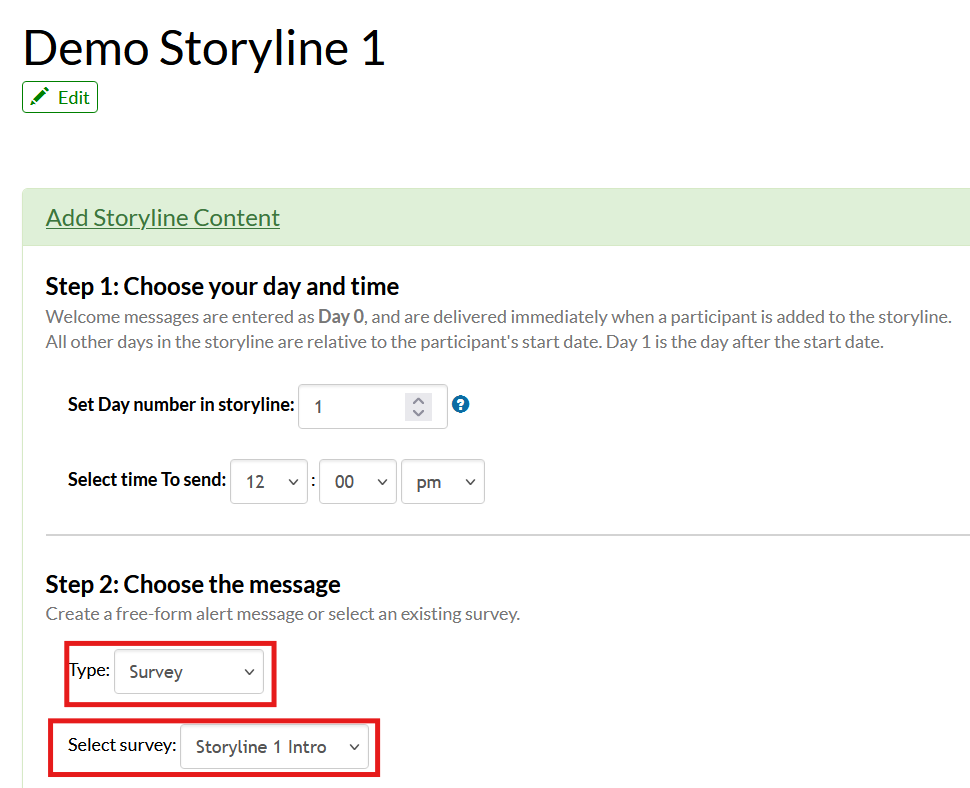Screenshot of the Mosio storyline configuration page with the type and select survey fields highlighted. Survey is selected in the type field.