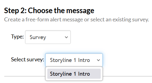 Screenshot of the storyline configuration page in Mosio, with the select survey dropdown expanded