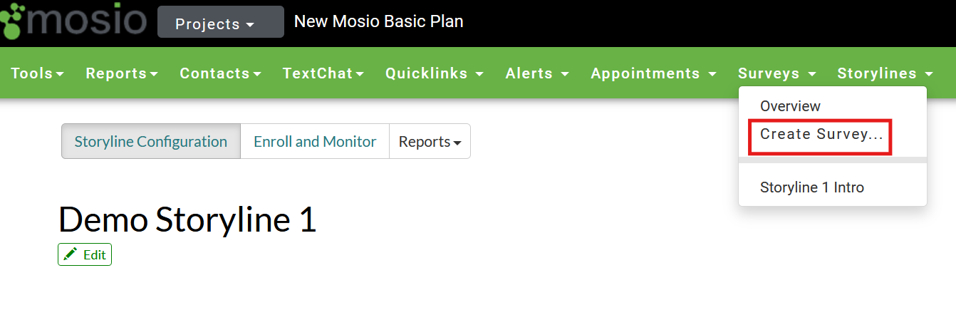 Screenshot of the storyline configuration page in Mosio, with the surveys dropdown menu expanded, and the create survey option highlighted