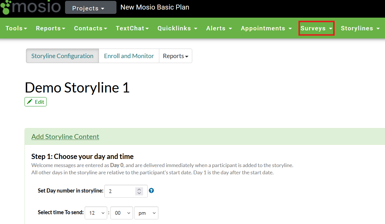 Screenshot of the storyline configuration page in Mosio, with the surveys dropdown menu highlighted.