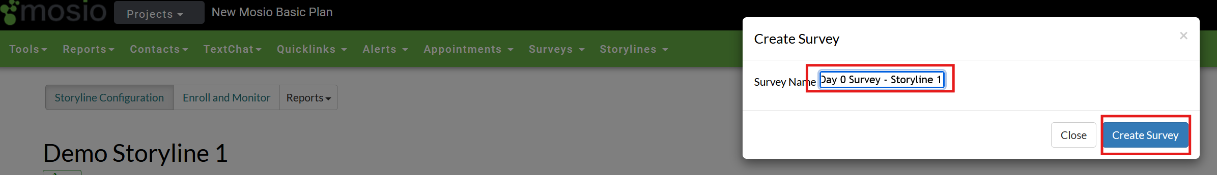 Screenshot of the storyline configuration page in Mosio, with the survey creation pop-up window generated. The survey name field and create survey button are highlighted.