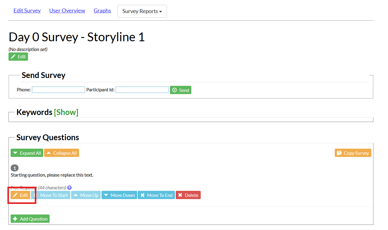 Screenshot of the survey configuration page in Mosio, with the Edit button highlighted for the survey questions section