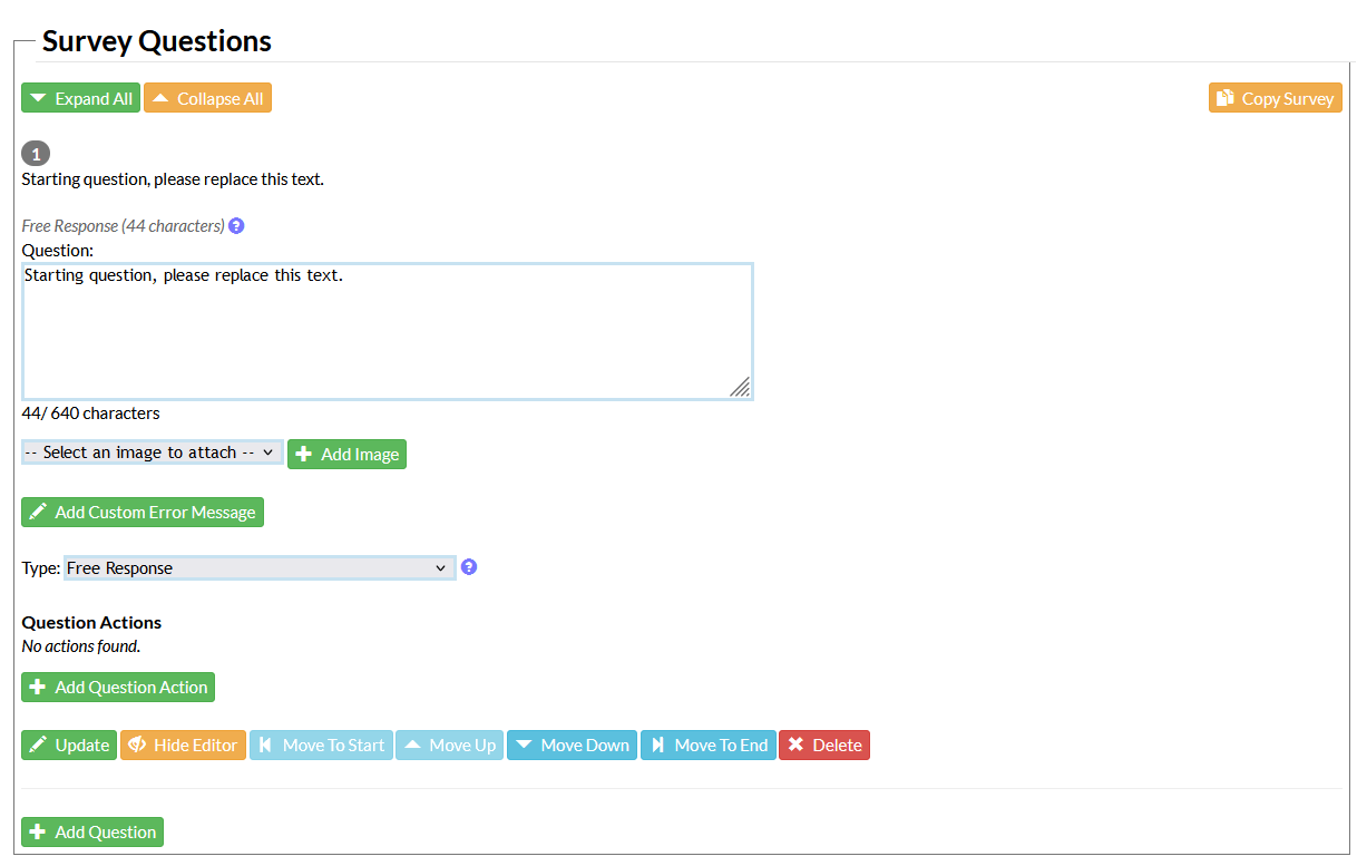 Screenshot of the survey configuration page in Mosio, with the edit question section expanded.