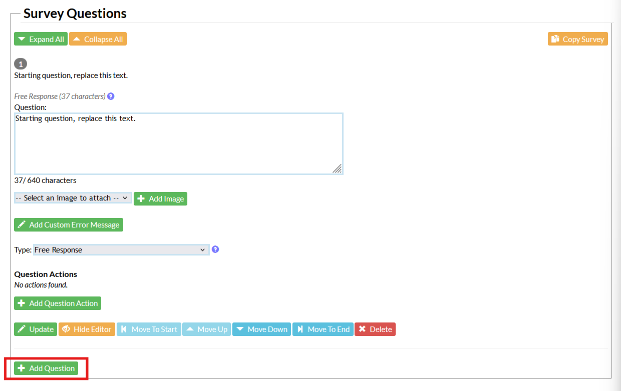 Screenshot of the survey configuration page in Mosio, with the edit question section expanded, and the Add Question button highlighted.