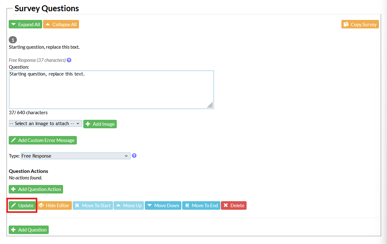 Screenshot of the survey configuration page in Mosio, with the edit question section expanded, and the Update button highlighted.