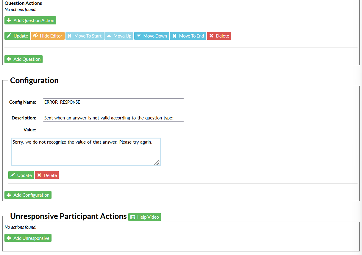 Screenshot of the survey configuration page in Mosio, with a focus on the configuration and unresponsive participant actions section