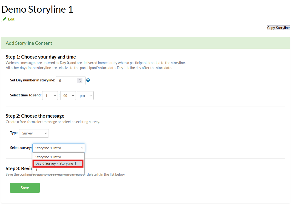 Screenshot of the storyline configuration page in Mosio, with the select survey dropdown menu expanded, and the title of a survey highlighted