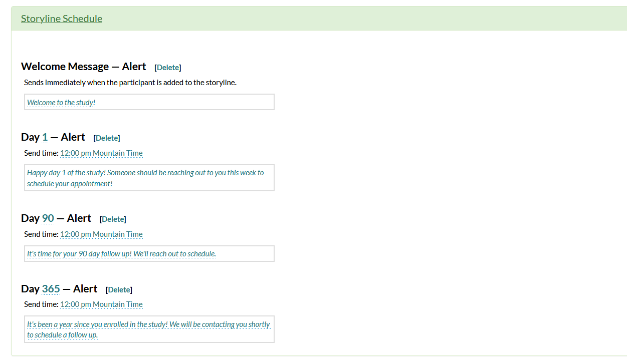 Screenshot of a storyline configuration page in Mosio, with multiple alerts established