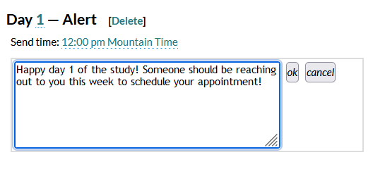 Screenshot of a storyline configuration page in Mosio, with a focus on the edit interface for the message field