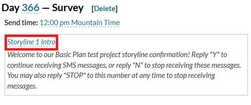Screenshot of a storyline configuration page in Mosio, with the name of a survey highlighted
