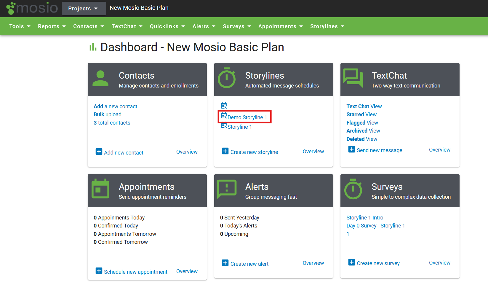 Screenshot of a Mosio project dashboard, with the name of a storyline highlighted within the storyline tile