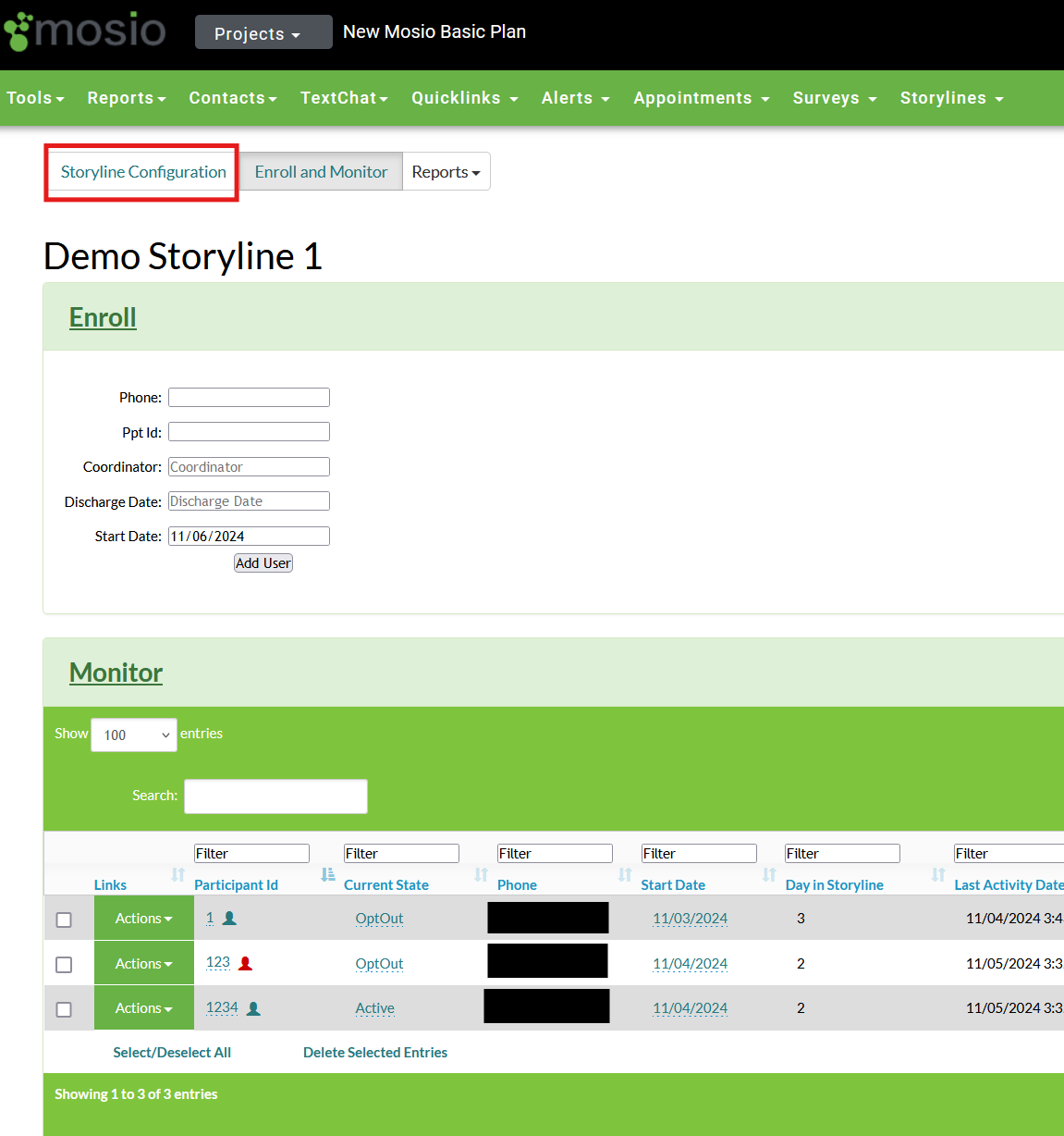 Screenshot of a storyline enroll and monitor page, with the sotryline configuration button highlighted