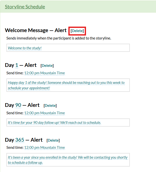 Screenshot of a storyline configuration page in Mosio, with the delete button highlighted next to the name of an alert