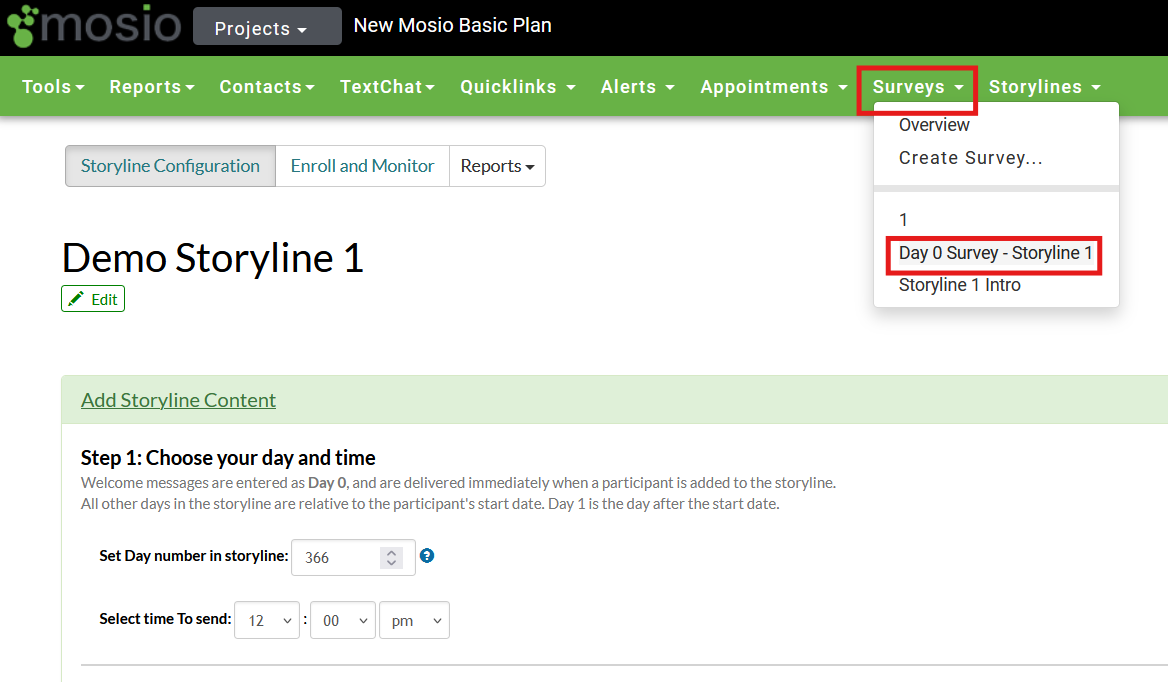 Screenshot of a storyline configuration page in Mosio, with the surveys dropdown at the top of the page highlighted and expanded, along with the name of a survey being highlighted from said dropdown