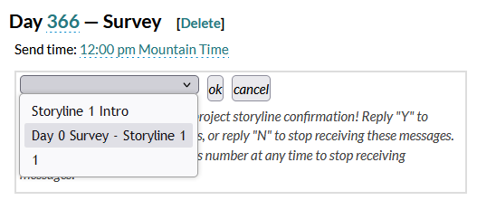 Screenshot of a storyline configuration page in Mosio, with a dropdown for survey selection when editing an existing survey