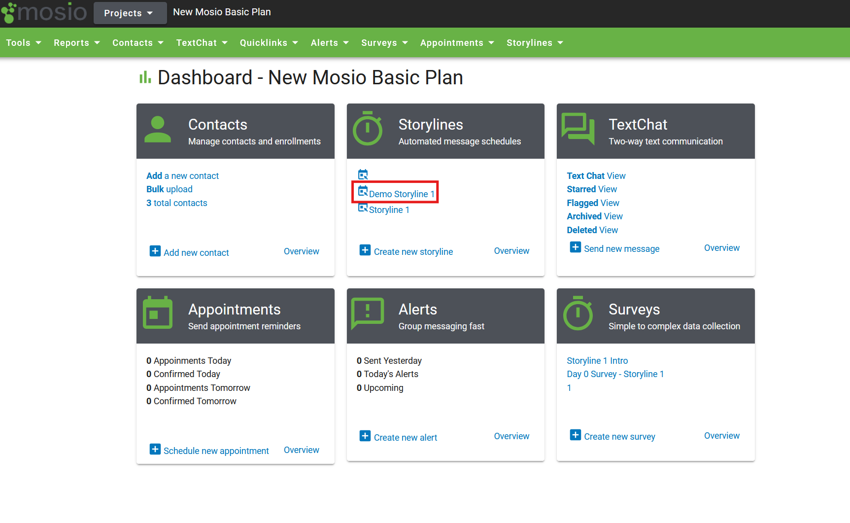 Screenshot of a Mosio project dashboard, with the name of a storyline labeled Demo Storyline 1 highlighted