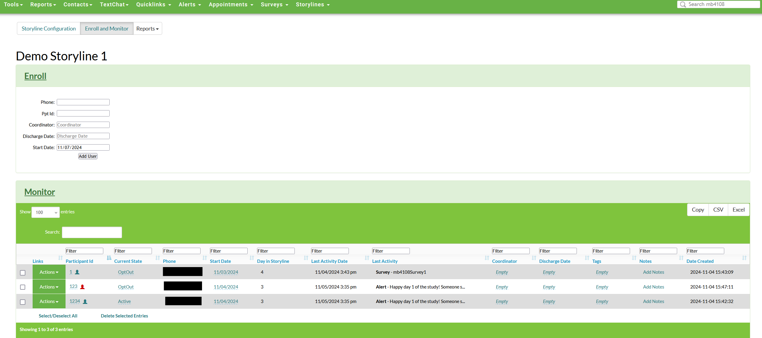 Screenshot of a Mosio storyline page.