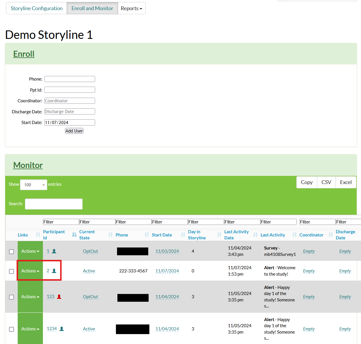 Screenshot of a Mosio storyline page, with the actions and a participant ID highlighted.