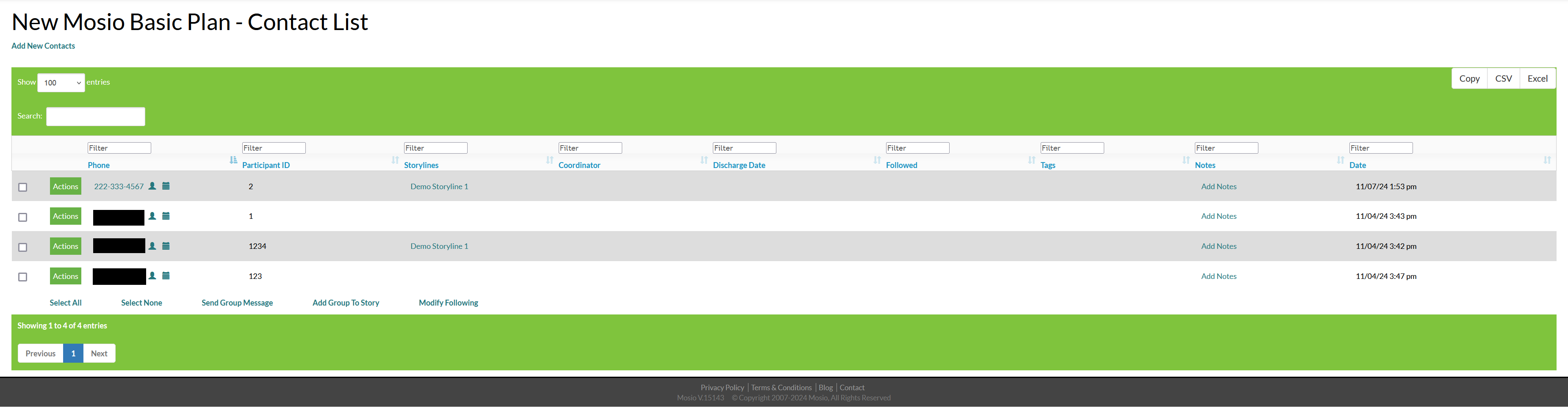 Screenshot of the Mosio contact list page.