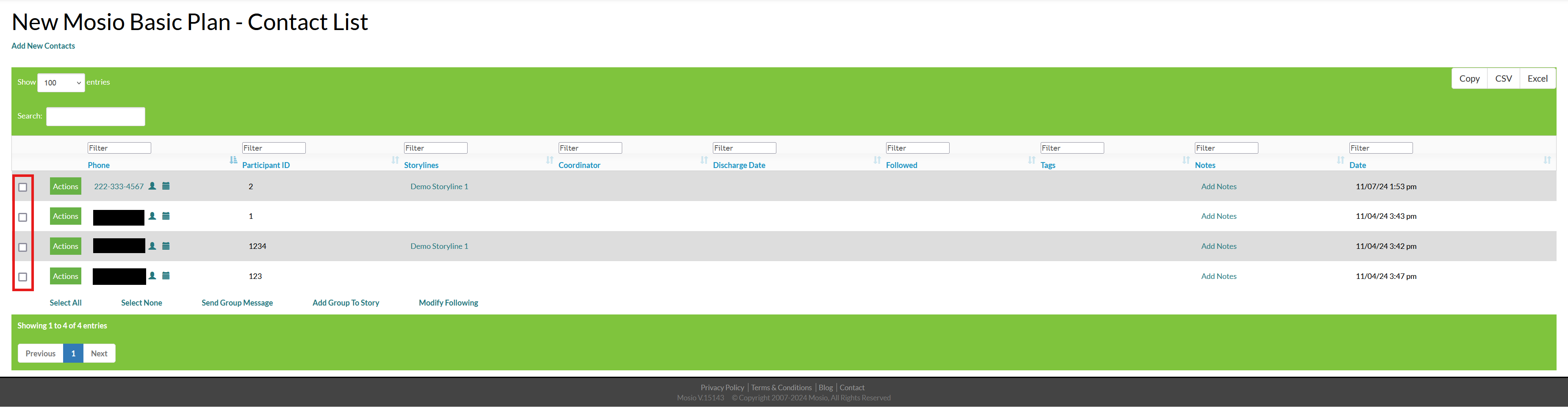 Screenshot of the Mosio contact list page, with checkboxes highlighted