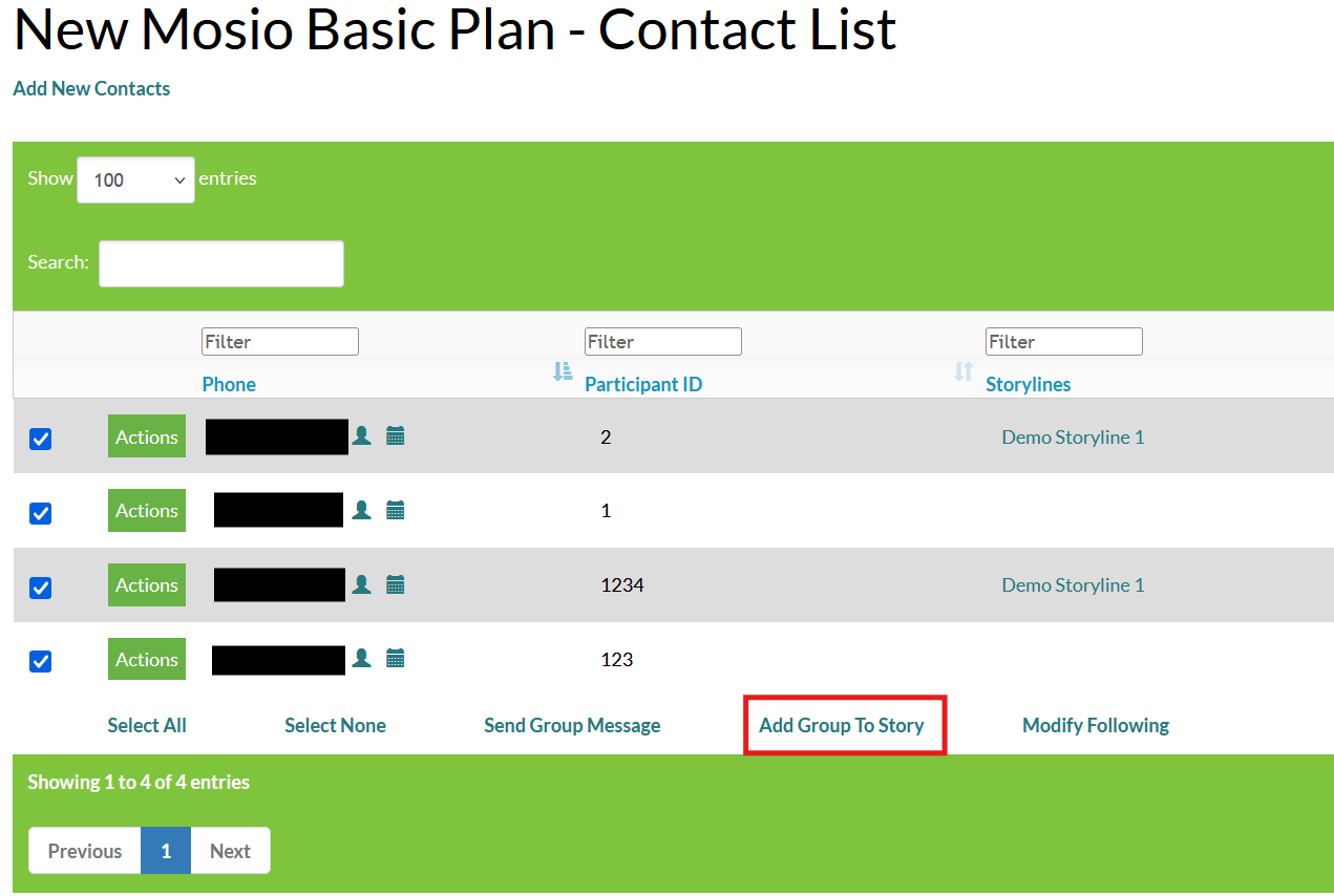 Screenshot of the Mosio contact list page, with the Add Group to story text highlighted and checkboxes selected for each row.