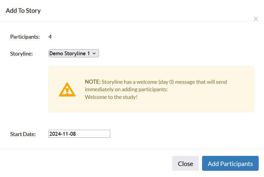 Screenshot of the pop-up window that appears when selecting Add Group to Story from the contact list page, with an alert about the storyline