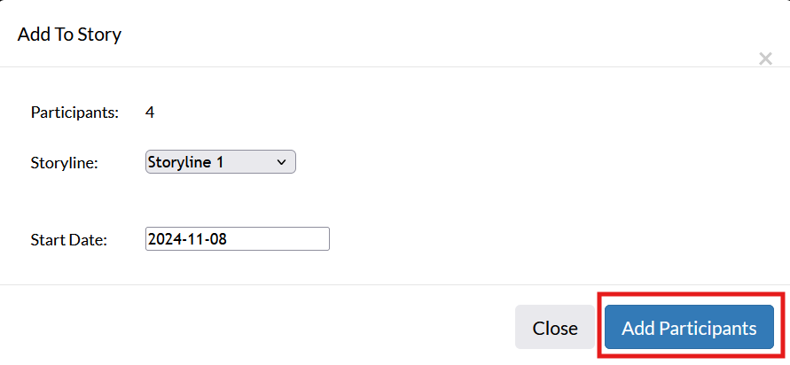 Screenshot of the pop-up window that appears when selecting Add Group to Story from the contact list page, with the add participants button highlighted